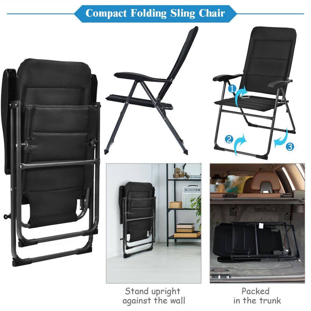 Black Adjustable Steel Frame Outdoor Folding Chairs, Set of 4