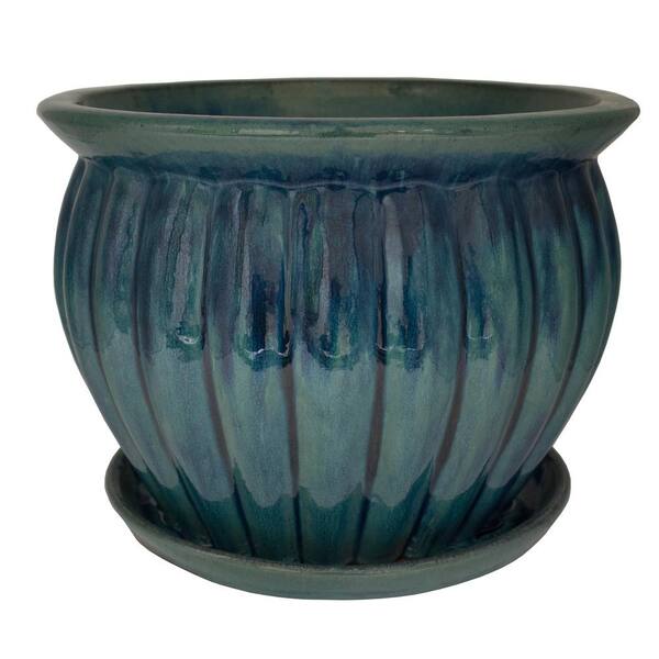Trendspot 12 in. Dia Blue Hana Ceramic Planter