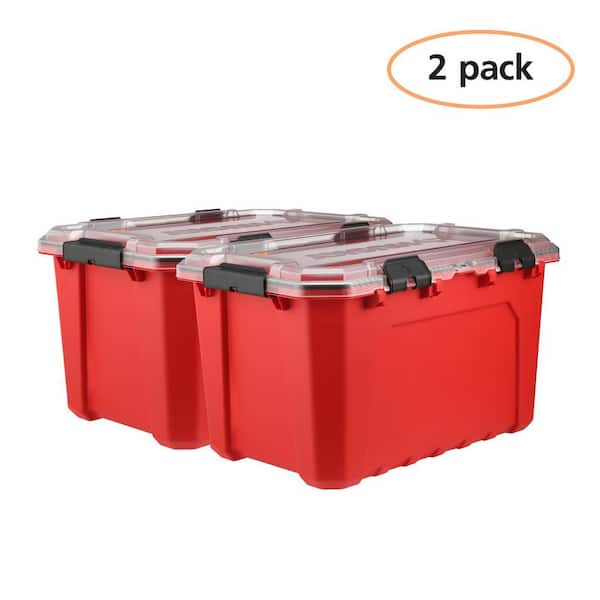 20 Gal. Professional Heavy Duty Waterproof Stackable Plastic Storage Container with Hinged Lid in Red (2-Pack)