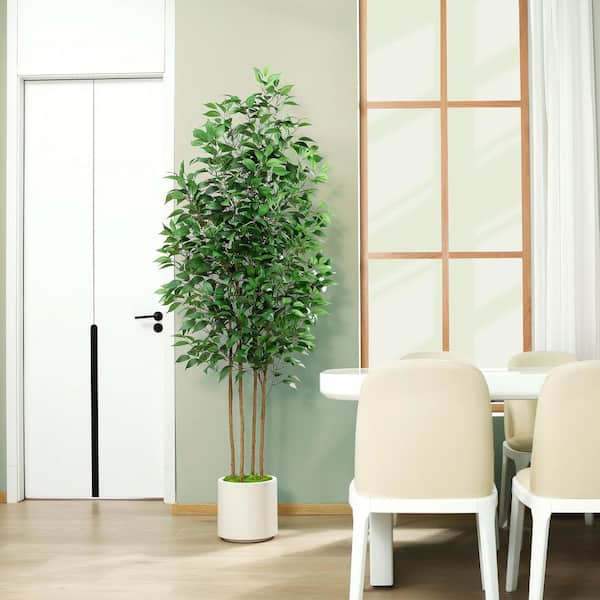7 ft. faux Ficus Tree in Pot with White Planter, Faux Green Ficus Plant, Fake Tree for Home Decor