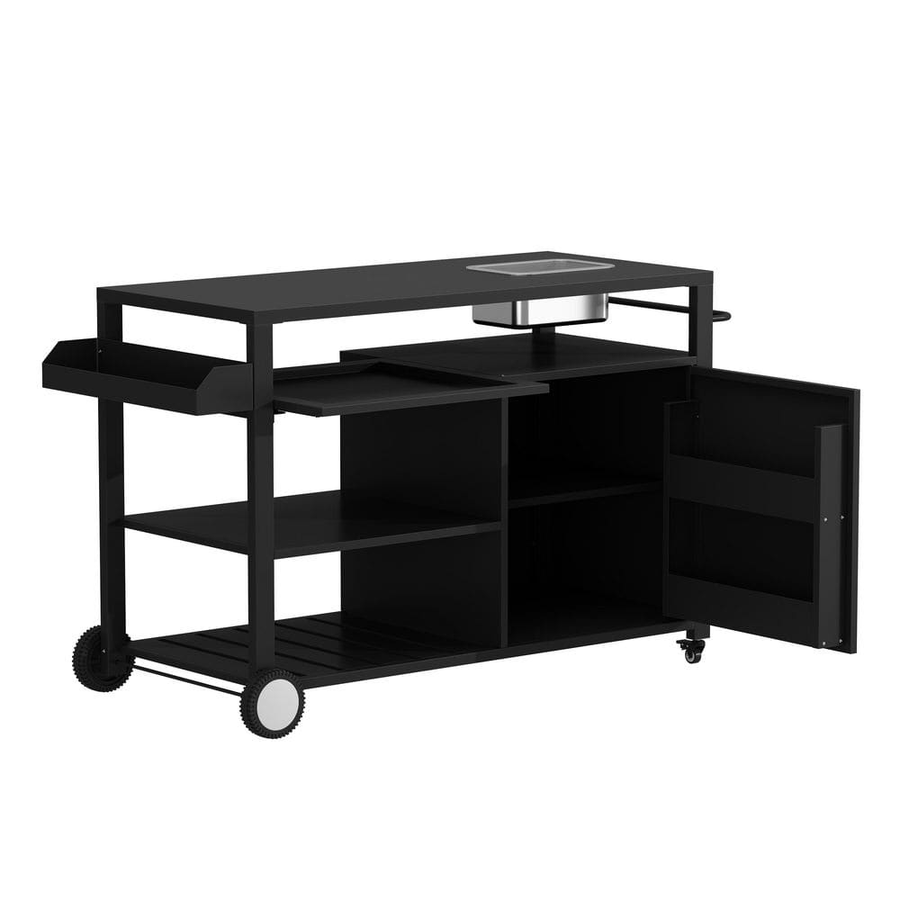Outdoor Patio Serving Cart with Stainless Steel Ice Bucket, Storage Cabinet, Rolling Wheels and Spacious Prep Table