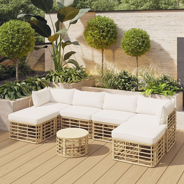 HomeAura 7-Piece Wicker Patio Conversation Set with Beige Cushions and Pillows