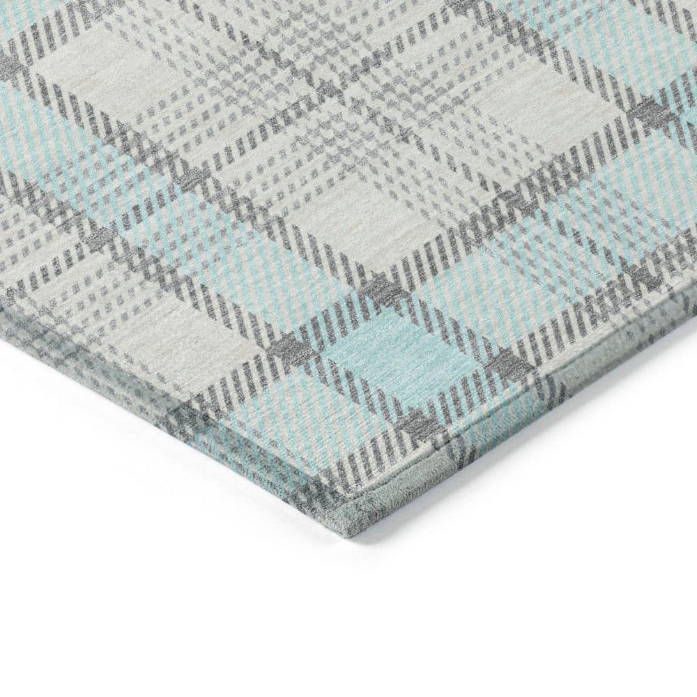 Sky Blue Plaid Machine Washable Synthetic Indoor/Outdoor Rug