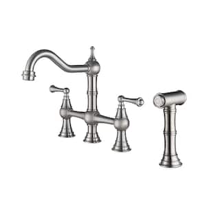 2 Handles 4 Holes 8.85 in. Brass Bridge Dual Handles Kitchen Faucet with Pull-Out Side Sprayer in Brushed Nickel