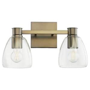 Relo 2-Light - 100-Watts, Medium Base Lamp Light Vanity  5.5 in. Width with 2-Clear Glass Diffusers - Dark Brass