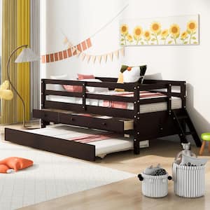 Espresso Wood Frame Twin Low Loft Bed with 3-Drawers, Twin Trundle, Mini Sloping Ladder, Full Safety Fence