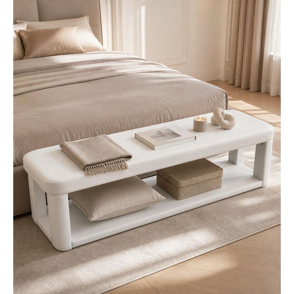 55 in. White Upholstered Entryway Bench with Shelf, Modern 2-Tier Ottoman Indoor Bench for Hallway, Bedroom price history on PriceWatchPro