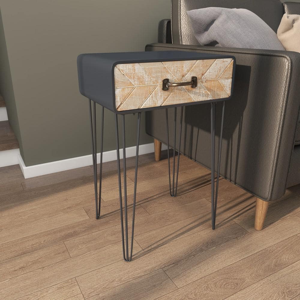Black and Beige Metal Wood Accent Table with Drawer