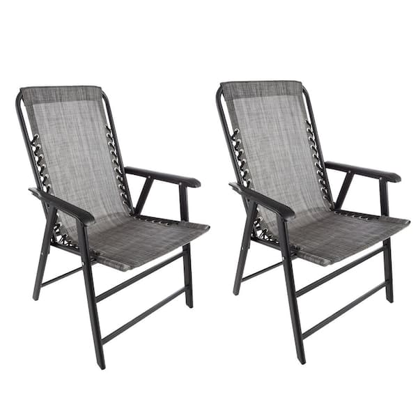 Pure Garden Gray Textilene Fabric and Powder-Coated Steel Folding Lawn Chairs with Bungee Suspension (Set of 2)