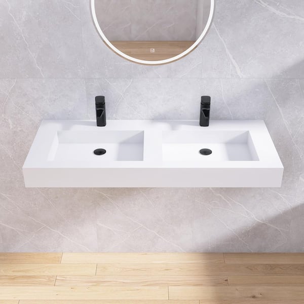 47 in. White Solid Surface Wall-Mounted Bathroom Double Vessel Sinks with Faucet Holes