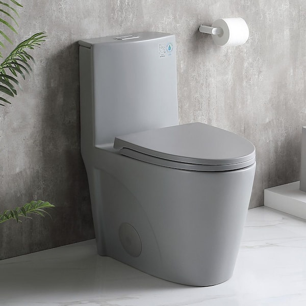 15.55 in. 1.1/1.6 GPF Dual-Flush Elongated 1-piece Toilet in Grey with Soft Close, Seat Included