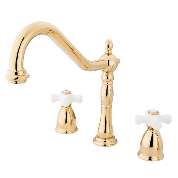 Kingston Brass Heritage 2 Handle Deck Mount Widespread Kitchen Faucets Iin Polished Brass 7327