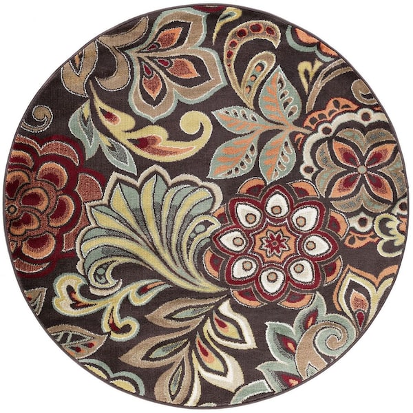 Tayse Rugs Deco Abstract Brown 6 ft. Round Indoor Area Rug