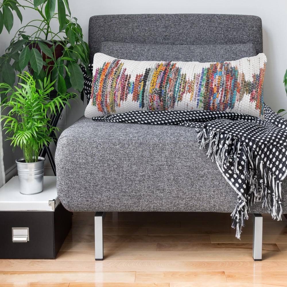Multicolored Geometric Chindi Cotton Throw Pillow, 14" x 36"