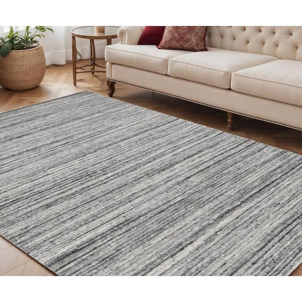 5 ft. x 8 ft. Ivory Gray and Black Wool Striped Hand Woven Area Rug