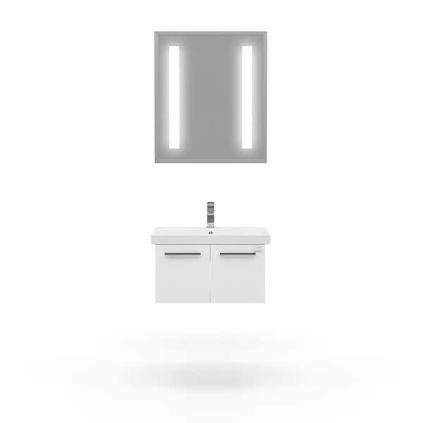 CASA MARE Aspe 24 in. W x 18 in. D Vanity in Glossy White with Ceramic Vanity Top in White with White Basin and LED Mirror