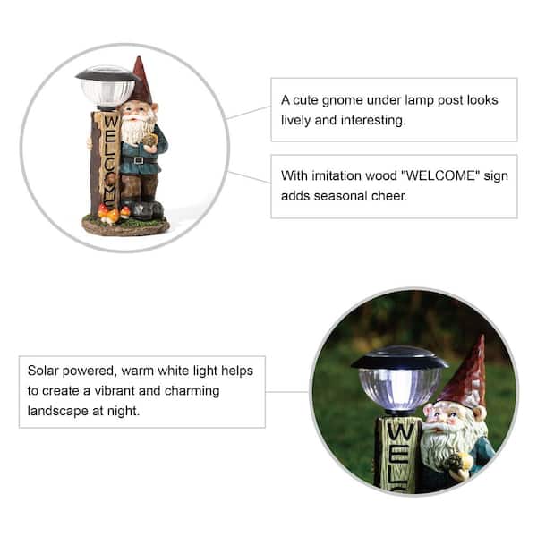 Glitzhome 16.25 in. H Outdoor Polyresin Welcome Sign Gnome Garden Statue  with Solar Light 2025400021 The Home Depot
