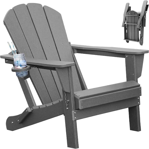 Gray HDPE Folding Adirondack Chair with Cup Holder, All-Weather for Patio Deck Fire Pit