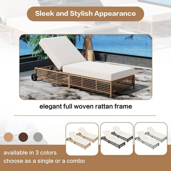 Natural Wicker Outdoor Lounge Chair, Patio Chaise Lounge with 5