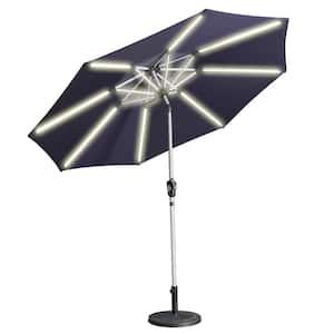 9 ft. Aluminum Market High Quality 3-Way Solar LED Lights Tilt Patio Umbrella in Navy