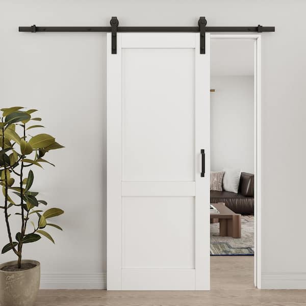 32 in. x 80 in. Paneled 2 Lite White Primed Solid Core MDF Sliding Barn Door with Hardware Kit
