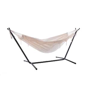 9 ft. Cotton Double Hammock with Stand in Natural with Fringe