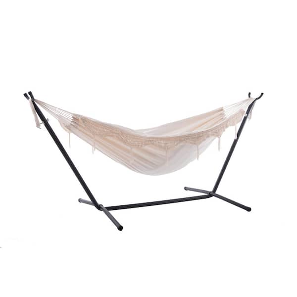 Vivere 9 ft. Cotton Double Hammock with Stand in Natural with Fringe