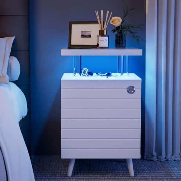 Clihome White 15.7 in. W LED Nightstand Bedside Table End Tables with 4-Acrylic Columns