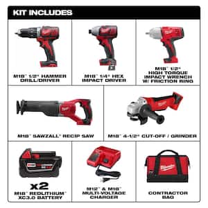 M18 18-Volt Lithium-Ion Cordless Tool Combo Kit with (2) 3.0Ah Batteries, Charger and Bag with M18 2 Gal. Wet/Dry Vacuum