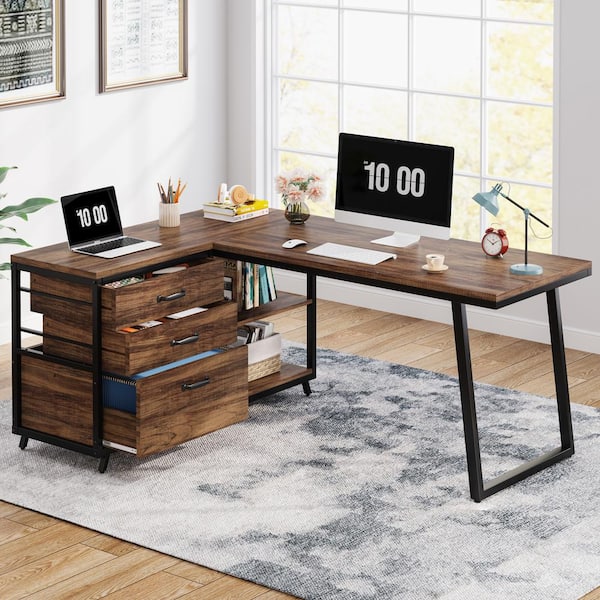 Capen 53 in. L-Shaped Brown Engineered Wood 3-Drawer Computer Desk Corner Office Desk with Storage Shelves