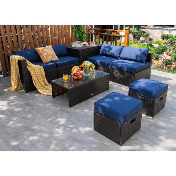 WELLFOR 8-Piece Wicker Patio Conversation Set with Navy Cushions, Storage Box and Waterproof Cover