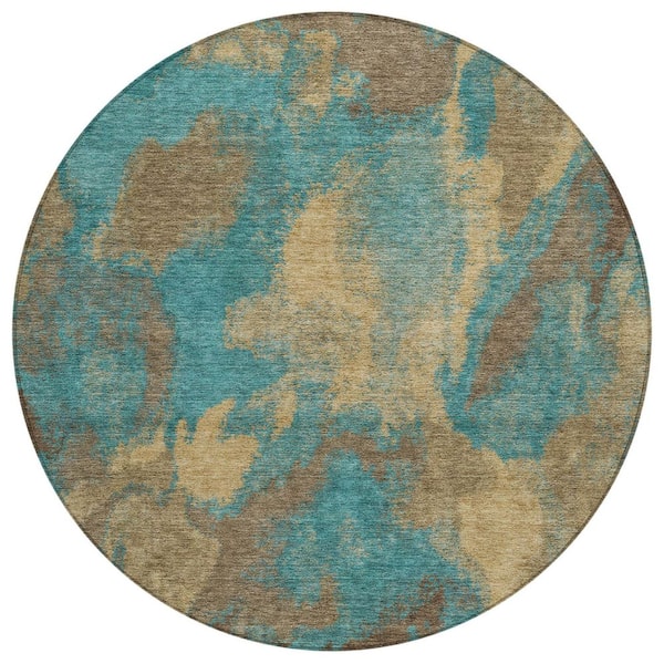 Chantille Machine Washable Indoor/Outdoor Abstract ACN3017 Turquoise 8 ft. x 8 ft. Round Rug