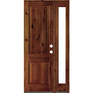 44 in. x 96 in. knotty alder Left-Hand/Inswing Clear Glass Red Chestnut Stain Square Top Wood Prehung Front Door w/RFSL