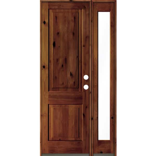 Krosswood Doors 46 in. x 96 in. knotty alder Left-Hand/Inswing Clear Glass Red Chestnut Stain Square Top Wood Prehung Front Door w/RFSL