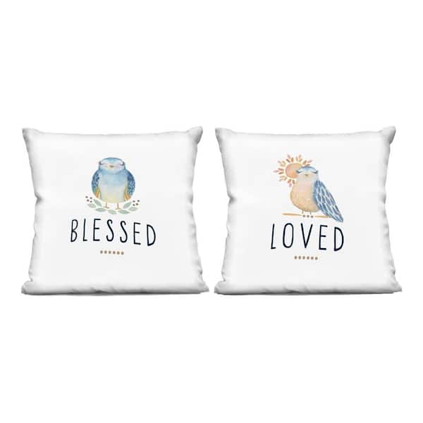 Blessed & Love Birds White Print Zipper Polyester 18 in. X 18 in. Throw Pillow Set of 2