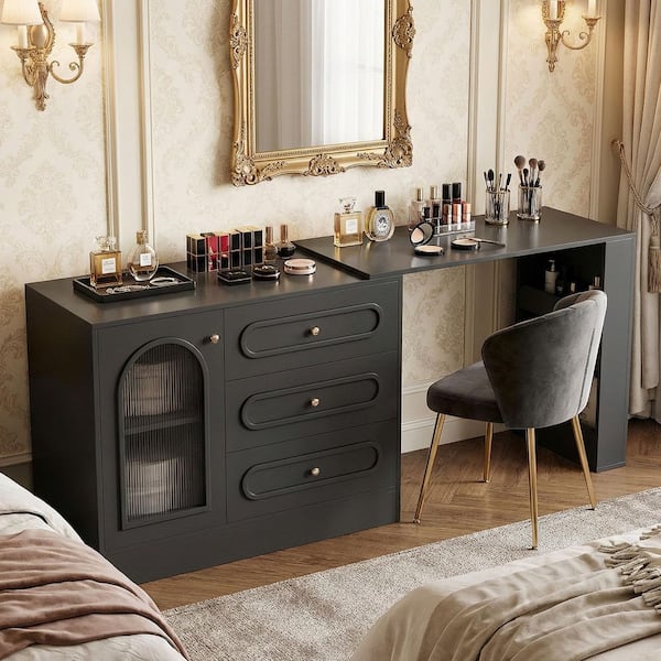 black makeup dressing table FUFU&GAGA Black Modern Makeup Vanity Desk 9-Drawers Wood Dressing Table with 3 Mirrors, Hidden Storage Shelves, LED Lighted Lights
