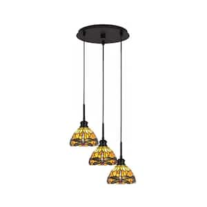 Albany 60-Watt 14 in. 3-Light Espresso Cord Pendant Light Amber Dragonfly Art Glass Shade