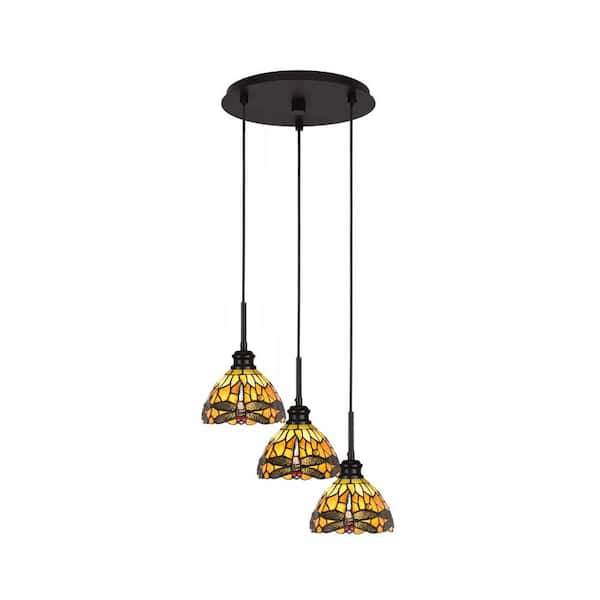 Unbranded Albany 60-Watt 14 in. 3-Light Espresso Cord Pendant Light Amber Dragonfly Art Glass Shade