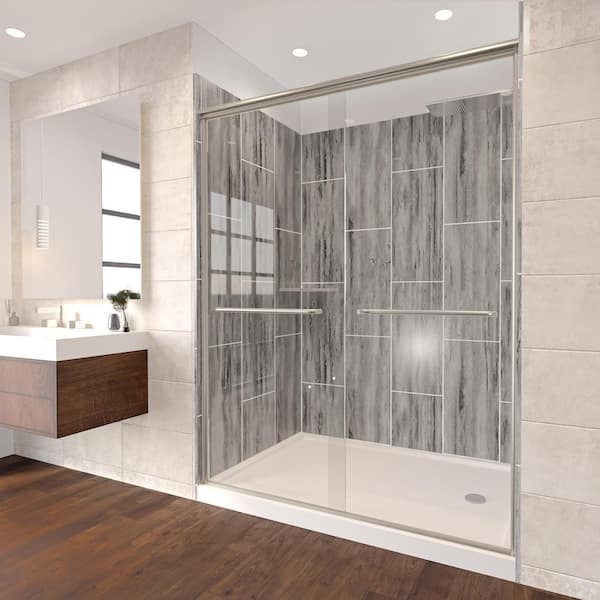 NuVo Driftwood-Rainier 60 in. x 32 in. x 83 in. Base/Wall/Door Rectangular Alcove Shower Stall/Kit Brushed Nickel Right