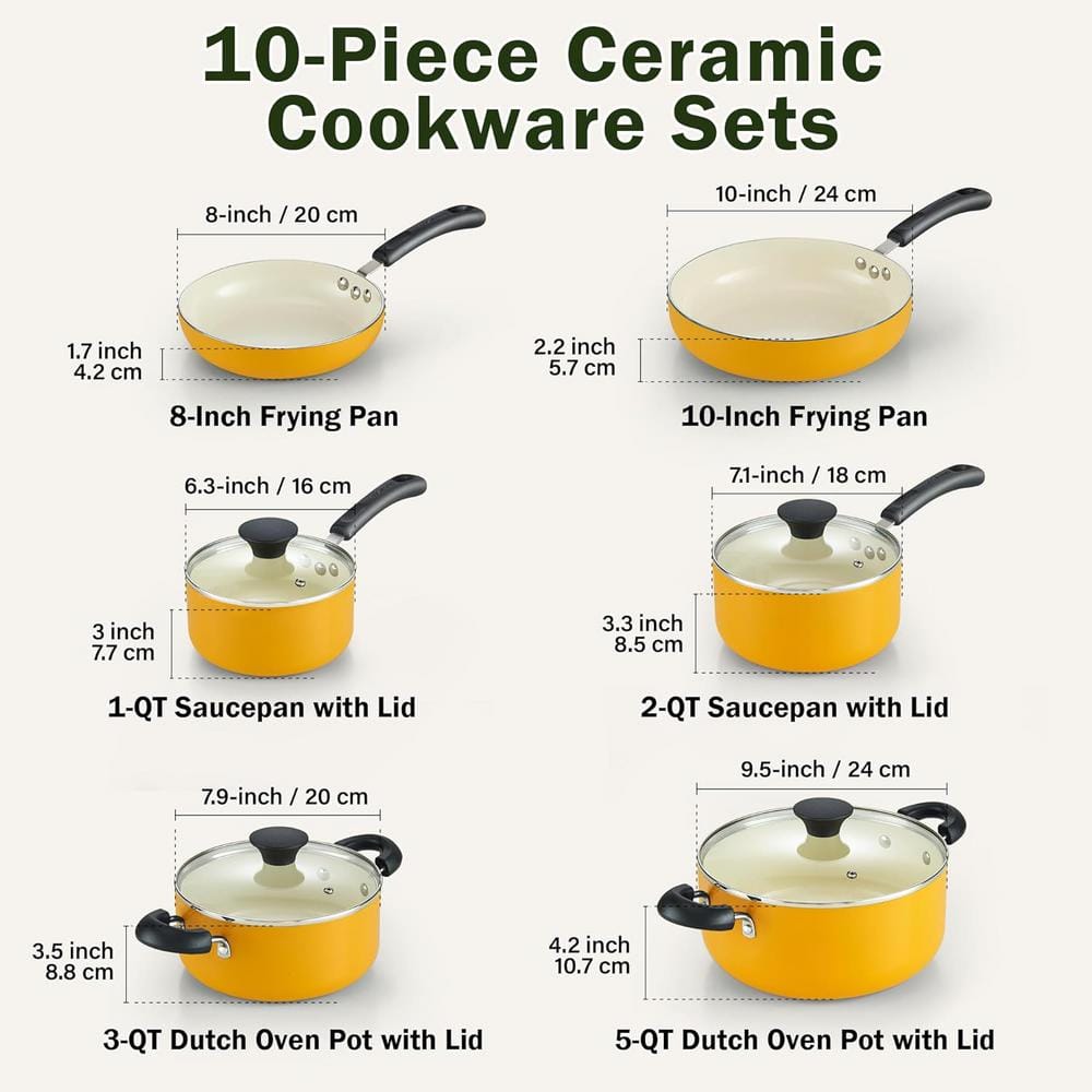 Yellow Nonstick Aluminum 10-Piece Cookware Set with Glass Lids