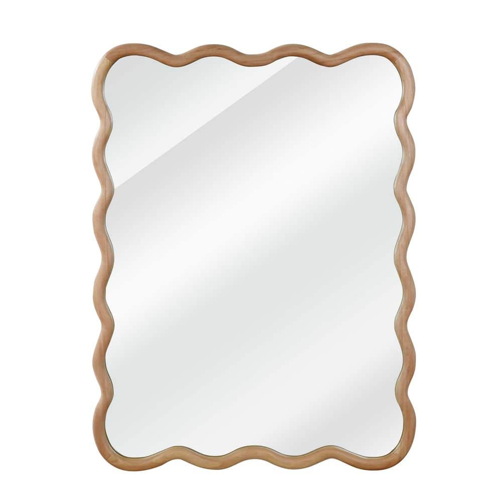 Light Brown 40 in. W x 30 in. H Wavy Wood Line Mirror, Solid Wood Framed Bathroom Vanity Wall Mounted Mirror
