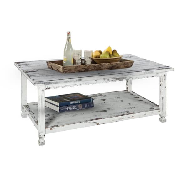 Alaterre Furniture Country Cottage 42 in. White Large Rectangle Wood Coffee Table with Shelf