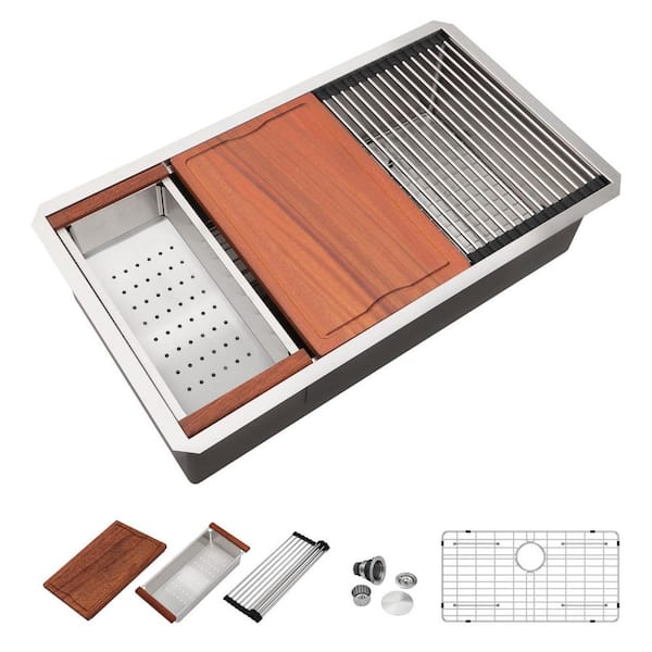 32 In. Round Corners Workstation Undermount Kitchen Sink Single Bowl, Handmade-Welding 16 Gauge Stainless Steel