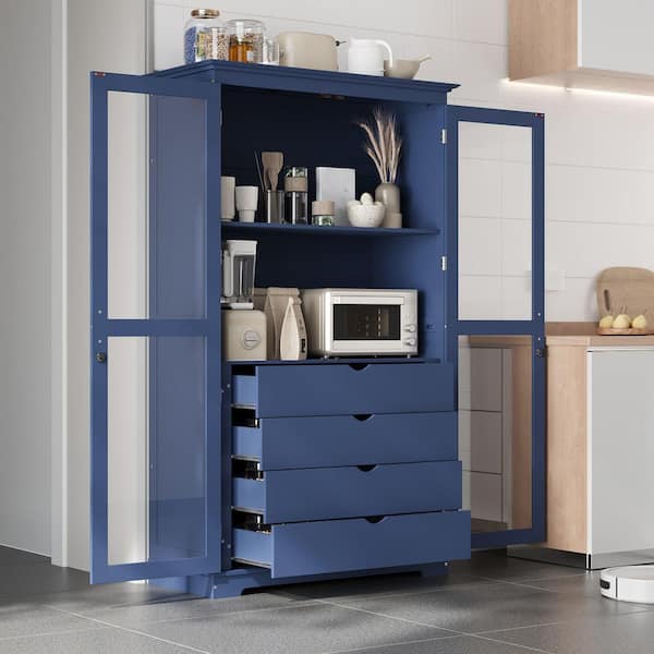 Blue 75 in. Accent Cabinet, Pantry Cabinet with Glass Doors and 4 Built-in Drawers