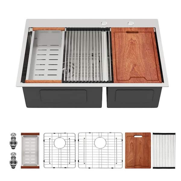 33 in. Drop-In Double Bowl 16 Gauge Brushed Nickel Stainless Steel Kitchen Sink with Bottom Grids