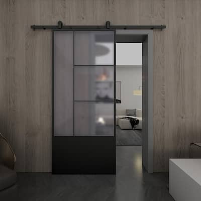 Opera 37 in. x 84 in. 3/4 Lite Frosted Glass Black Metal Finish Sliding Barn Door with Hardware Kit