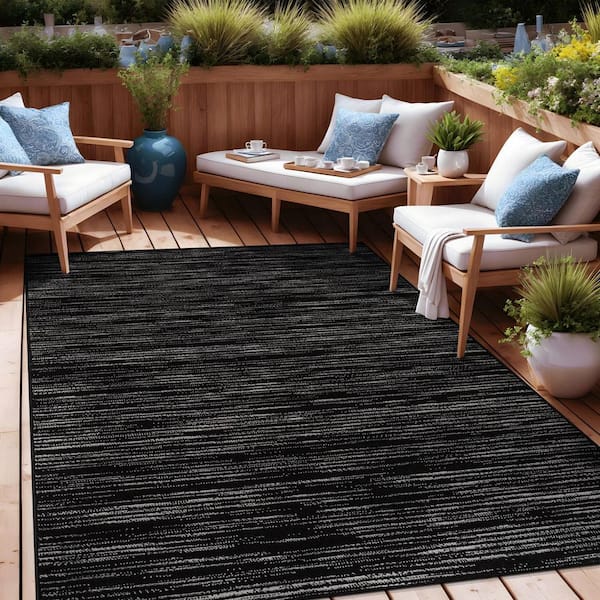 Linea Black 5 ft. x 7 ft. Rubber Back Washable Modern Striped Indoor Outdoor Patio Area Rug