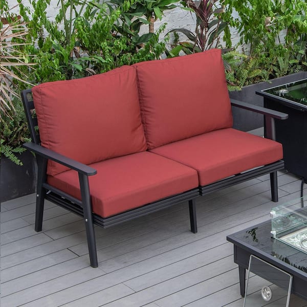 Leisuremod Walbrooke Black 1-Piece Metal Outdoor Loveseat with Red Cushions