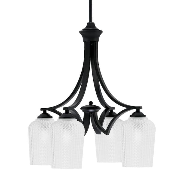 Unbranded Clevelend 4-Light Matte Black Chandelier, Round Chandelier with 5 in. Clear Textured Glass Shades, No bulbs included