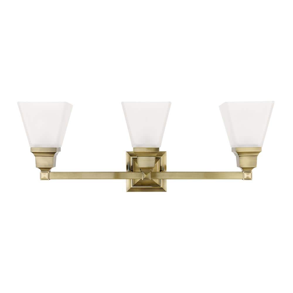 Antique Brass Mission 3-Light Bath Vanity with Satin Glass